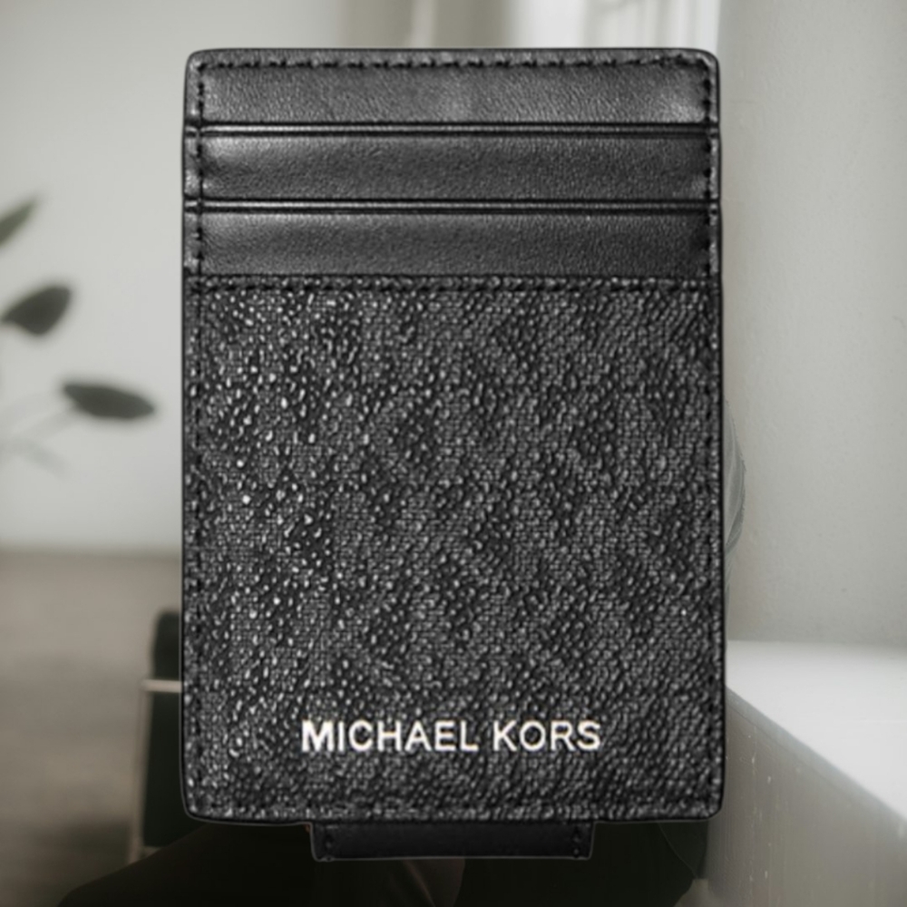 Michael Kors Cooper Logo Black Card Case Wallet NWT Money Clip Slim RFID